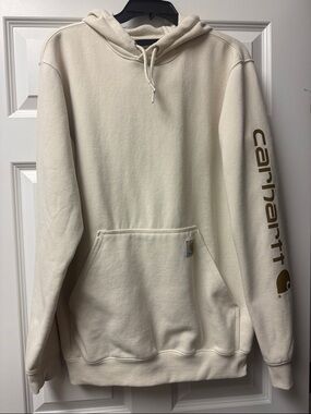 Carhartt Cream Loose Fit Pullover Hoodie with Brown Sleeve Logo - Size M